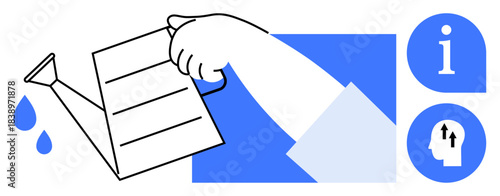 Knowledge sharing through a hand watering growth, paired with icons information and intellectual development. Knowledge application and learning processes highlighted