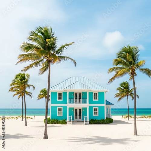 Fototapeta Naklejka Na Ścianę i Meble -  turquoise beach house with palm trees and a white sandy yard.