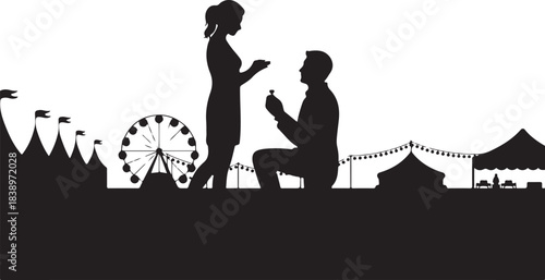 Man proposing to woman at carnival with Ferris wheel