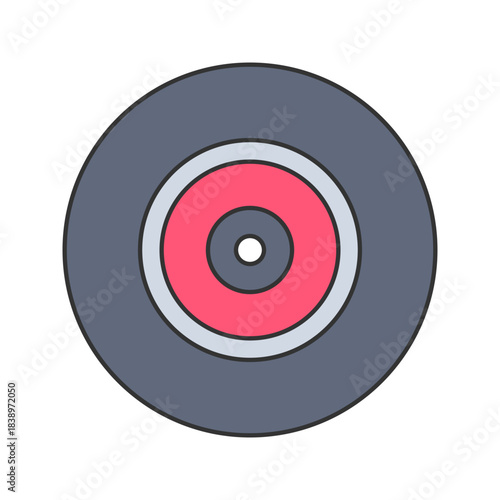Vinyl Record Flat design style, classic circular music disc with a central label, symbolizing retro audio media, ideal for vintage themed designs, music graphics, and nostalgic illustrations.