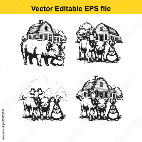  farm animals illustration pigs, goats, and rabbits in rural setting
