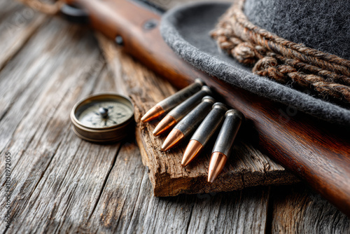 Vintage hunting gear with bullets, compass, and hat on rustic wooden surface