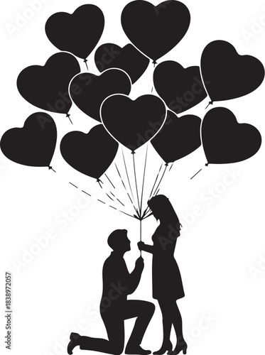 Man proposing to woman holding heart balloons silhouette