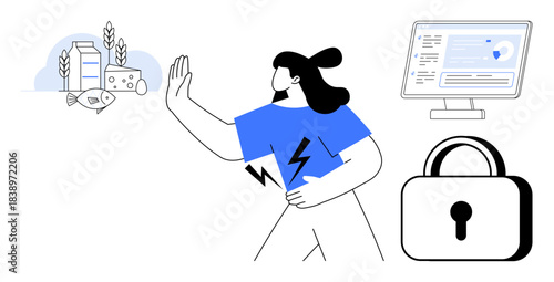 Food safety, cybersecurity, health awareness, information protection, dietary concerns, secure technology. Person avoiding allergenic foods, lock and computer interface. Food safety and cybersecurity