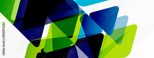 Abstract geometric shapes overlap, creating vibrant color blends. Greens, blues dominate composition, suggesting energy, movement.