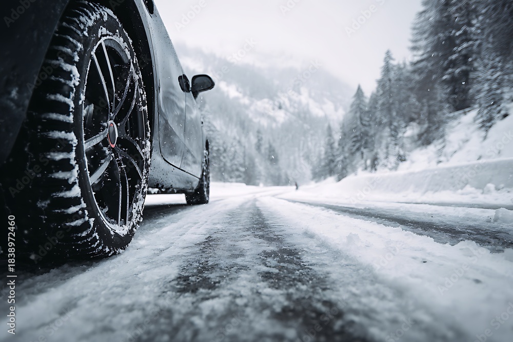 Fototapeta premium A close-up view of a car tire driving on a snow-covered road in a winter landscape