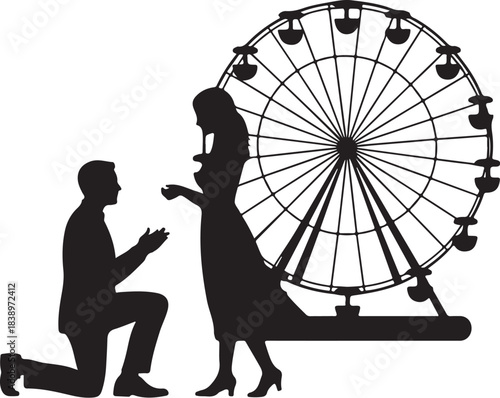 Man proposing to woman in front of Ferris wheel silhouette