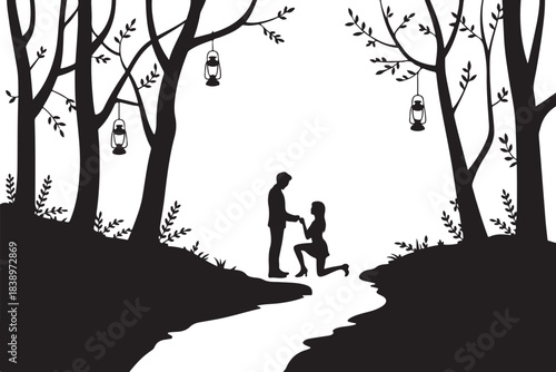 Man proposing to woman in silhouette forest with lanterns
