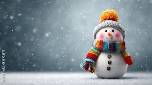Adorable snowman in winter with a colorful scarf and hat smiling in a snowy background, perfect for festive holiday cheer and winter season themes.