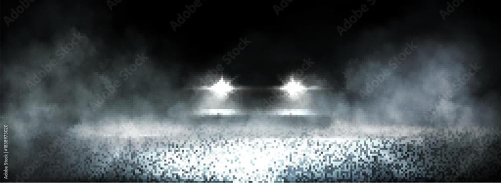 Naklejka premium Dark asphalt road with wet surface and car headlights piercing through smoke at night - dramatic race scene backdrop. Bright white beams illuminate foggy atmosphere. Moody abstract composition