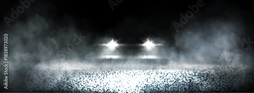 Dark asphalt road with wet surface and car headlights piercing through smoke at night - dramatic race scene backdrop. Bright white beams illuminate foggy atmosphere. Moody abstract composition