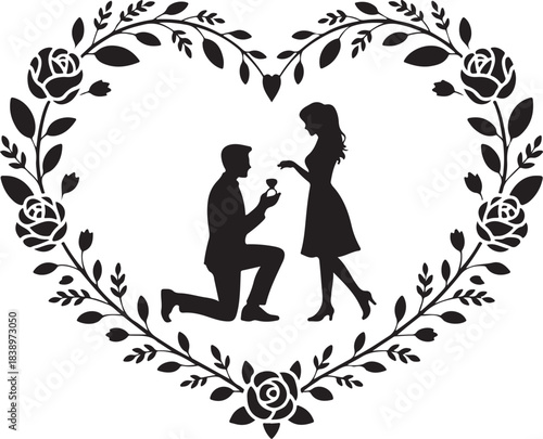 Man proposing to woman inside heart shaped floral frame