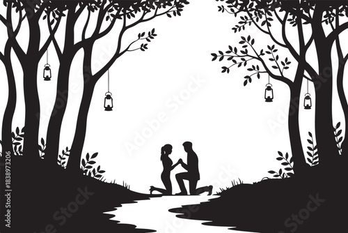 Man proposing to woman kneeling by stream in forest with lanterns