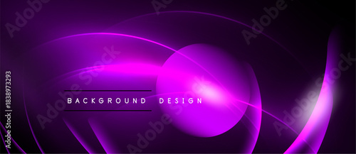 Abstract purple design. Glowing lines create dynamic curves, circles. Dark background emphasizes bright neon elements. Modern aesthetic.