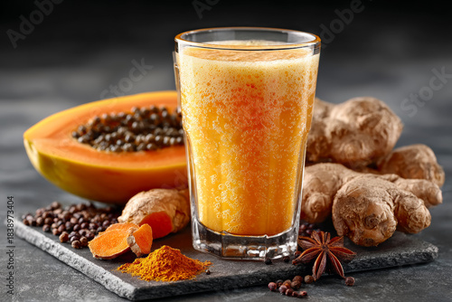 Fresh ginger and papaya juice in a glass with spices and ingredients on a dark stone background