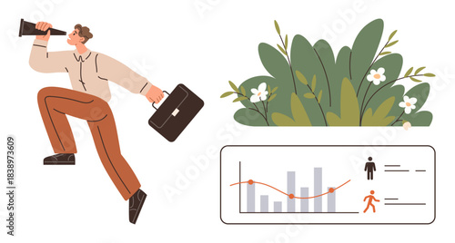 Man holding briefcase and telescope representing ambition and focus, alongside graph for growth and greenery. Ideal for business, strategy, analysis, leadership, progress, nature motivation. Simple