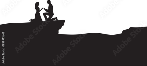 Man proposing to woman on cliff edge silhouette couple