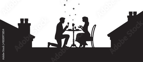 Man proposing to woman on rooftop dinner with stars
