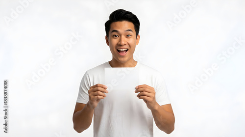 Excited young Asian man holding blank white paper, sharing surprising news, presenting new promotion or announcement
