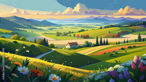 Very beautiful sweeping countryside view with rolling hills, vivid wildflowers, and open summer skies, capturing vibrant rural scenery in dynamic perspective showcasing peaceful nature, expansive 