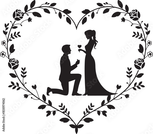 Man proposing to woman silhouette inside floral heart