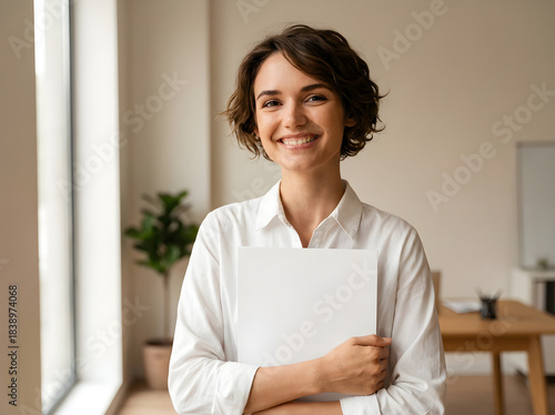 Young businesswoman smiling, holding document in office, expressing confidence and success in her career