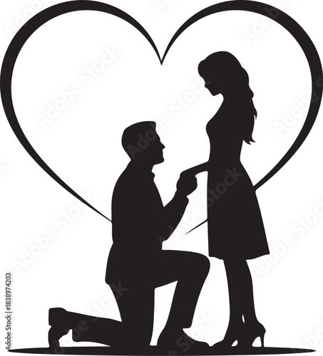 Man proposing to woman silhouette inside heart proposal