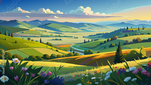 Very beautiful sweeping countryside view with rolling hills, vivid wildflowers, and open summer skies, capturing vibrant rural scenery in dynamic perspective showcasing peaceful nature, expansive 