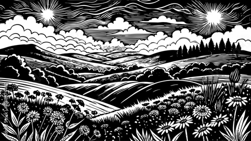 Very beautiful sweeping countryside view with rolling hills, vivid wildflowers, and open summer skies, capturing vibrant rural scenery in dynamic perspective showcasing peaceful nature, expansive 