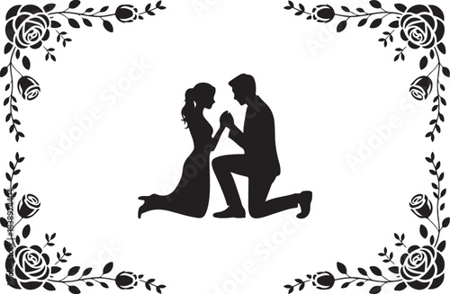 Man proposing to woman silhouette with floral border
