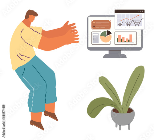 Person extending arms at a computer monitor displaying shopping carts and analytics graphics. Potted plant beside. Ideal for e-commerce, business growth, analytics, productivity, sustainability