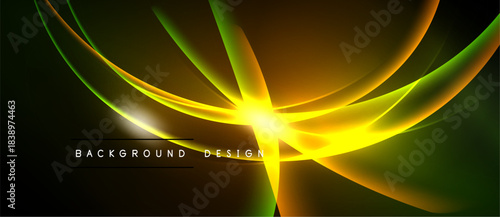 Abstract design features vibrant curves, radiating from bright center. Dark background enhances glowing effect, creating dynamic visual.