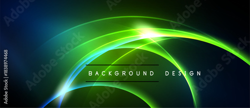Abstract neon curves, vibrant green glow, dark background. Modern design elements create dynamic visual impact.