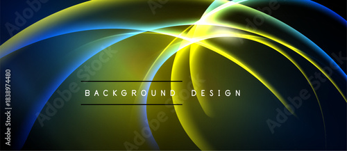 Abstract flowing lines, vibrant blues, yellows create dynamic background. Light effects suggest energy, movement, modern design aesthetic.