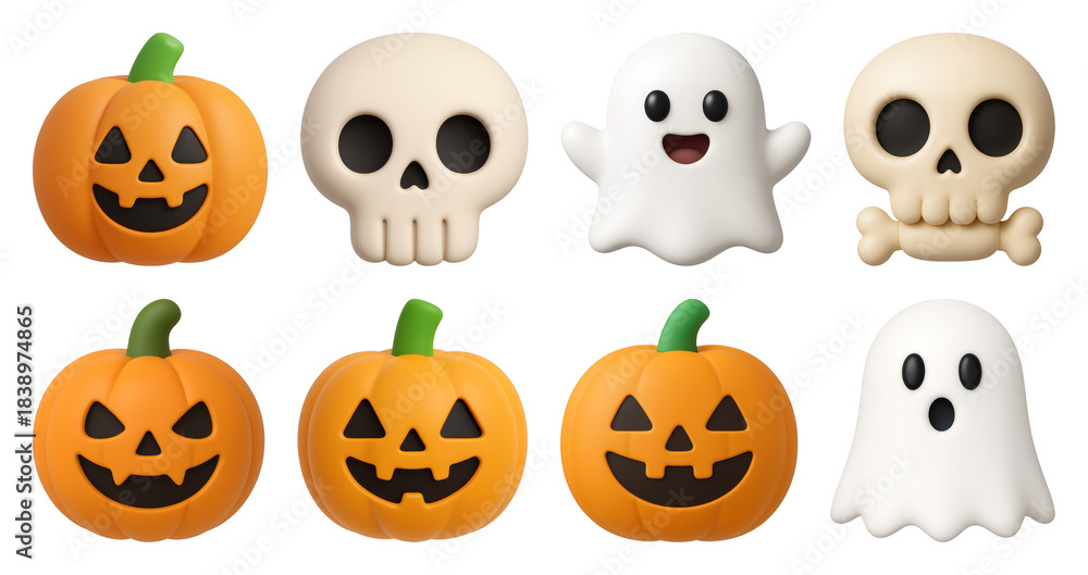 Fototapeta premium PNG Halloween emojis pumpkins ghosts skulls, element set on transparent background
