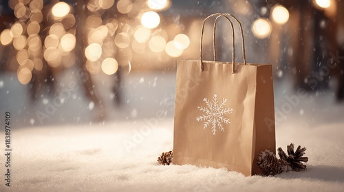 Festive Brown Paper Bag with Snowflake Design in Winter Wonderland Setting Surrounded by Snow and Pinecones, Ideal for Holiday Shopping and Seasonal Promotions