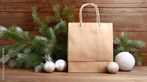 Brown kraft paper bag on wooden background surrounded by evergreen branches and decorative Christmas ornaments creating a festive holiday atmosphere