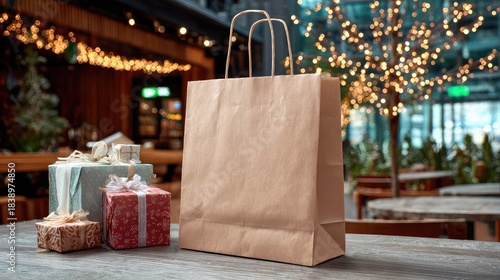 Empty Brown Paper Bag Surrounded by Colorful Wrapped Gifts in Festive Setting with Decoration Lights and Holiday Atmosphere for Shopping and Celebration