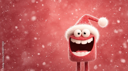 Animated Christmas Character Wearing Santa Hat Smiling in Snowy Winter Background with Cheerful Expression and Playful Vibe for Holiday Celebrations and Festive Decor