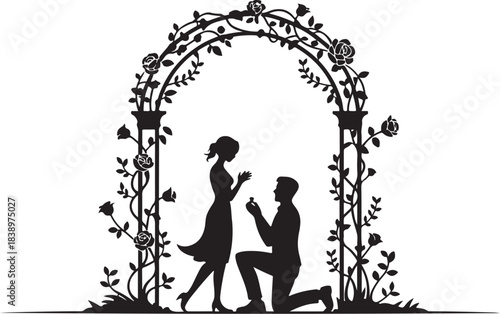 Man proposing to woman under rose arch silhouette proposal