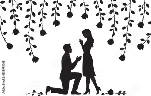 Man proposing to woman under rose branches silhouette