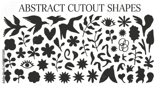Collection of Black Silhouette Cutout Shapes of Birds Flowers Leaves and Eyes Keywords: abstract, cutout, shapes, silhouette, black, bird, flying