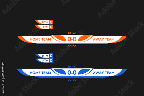 Set of sports banners for broadcasting a football game team sport keeping score and match time on a black background