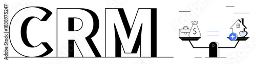 CRM concept. CRM with a balance scale symbols for business, finance, and customer relationships. CRM supports effective client management, decision-making, and business strategy. Ideal for marketing