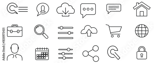 Essential modern interface icons showing navigation settings cloud storage search calendar and security functions for web design