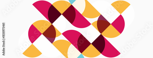 Abstract geometric pattern. Overlapping semicircles create dynamic composition. Colors include pinks, oranges, teal, white. Modern design element.