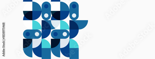 Abstract geometric shapes, blue hues dominate composition. Minimalist design with overlapping forms creates visual interest. Clean aesthetic.