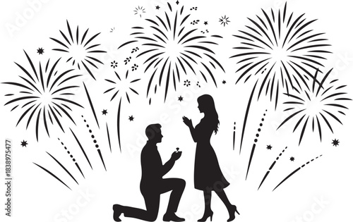 Man proposing to woman with fireworks silhouette proposal