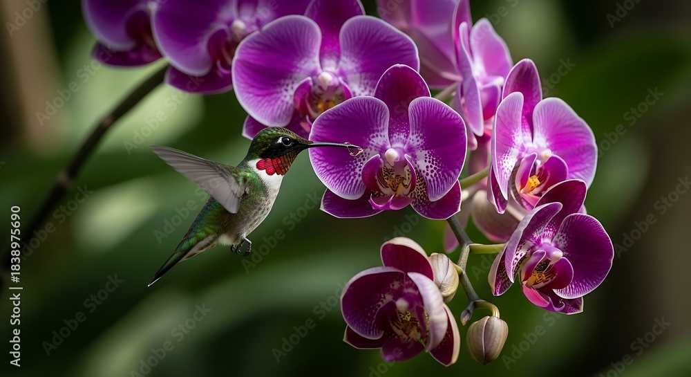 Naklejka premium Hummingbird Feeding on Purple Orchid Flowers in a Lush Garden.