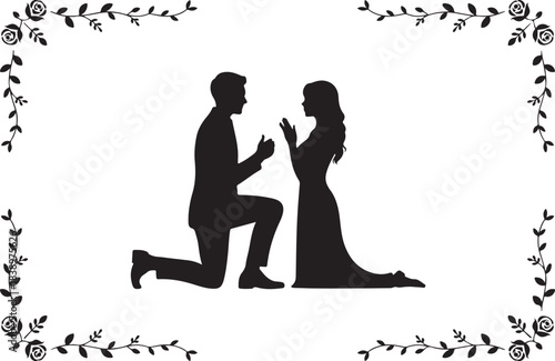 Man proposing to woman with floral border proposal